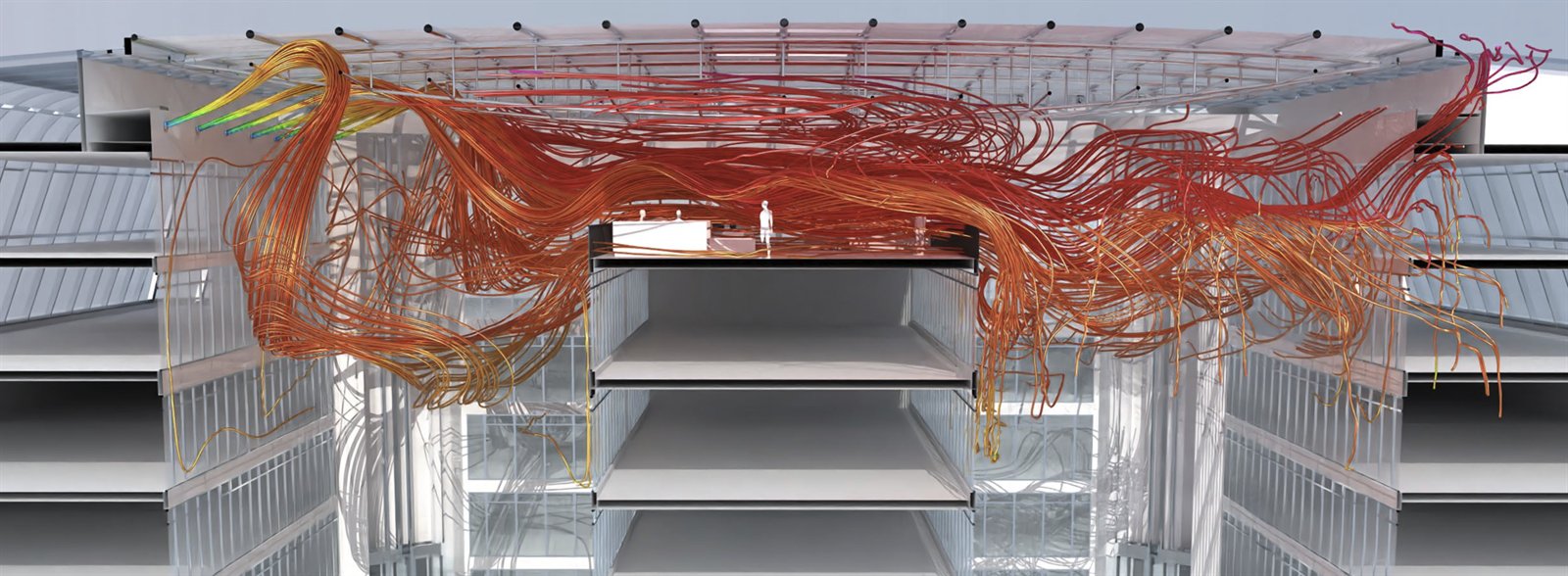 Post-Processing einer CFD-Simulation mit Stromlinien in einem Atrium