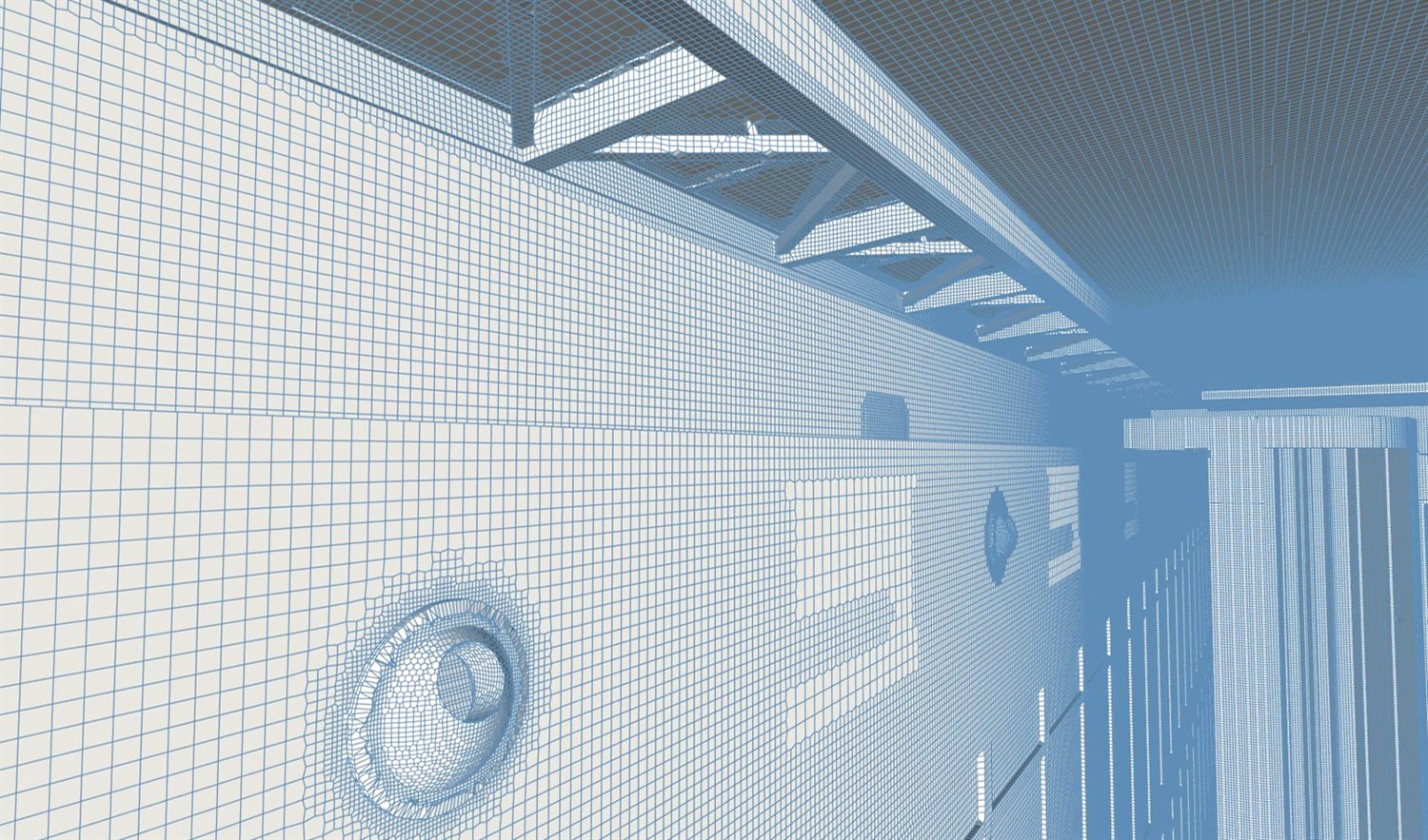 CFD-Netz in einem Atrium mit feiner Aufl&ouml;sung an W&auml;nden und Bauteilen