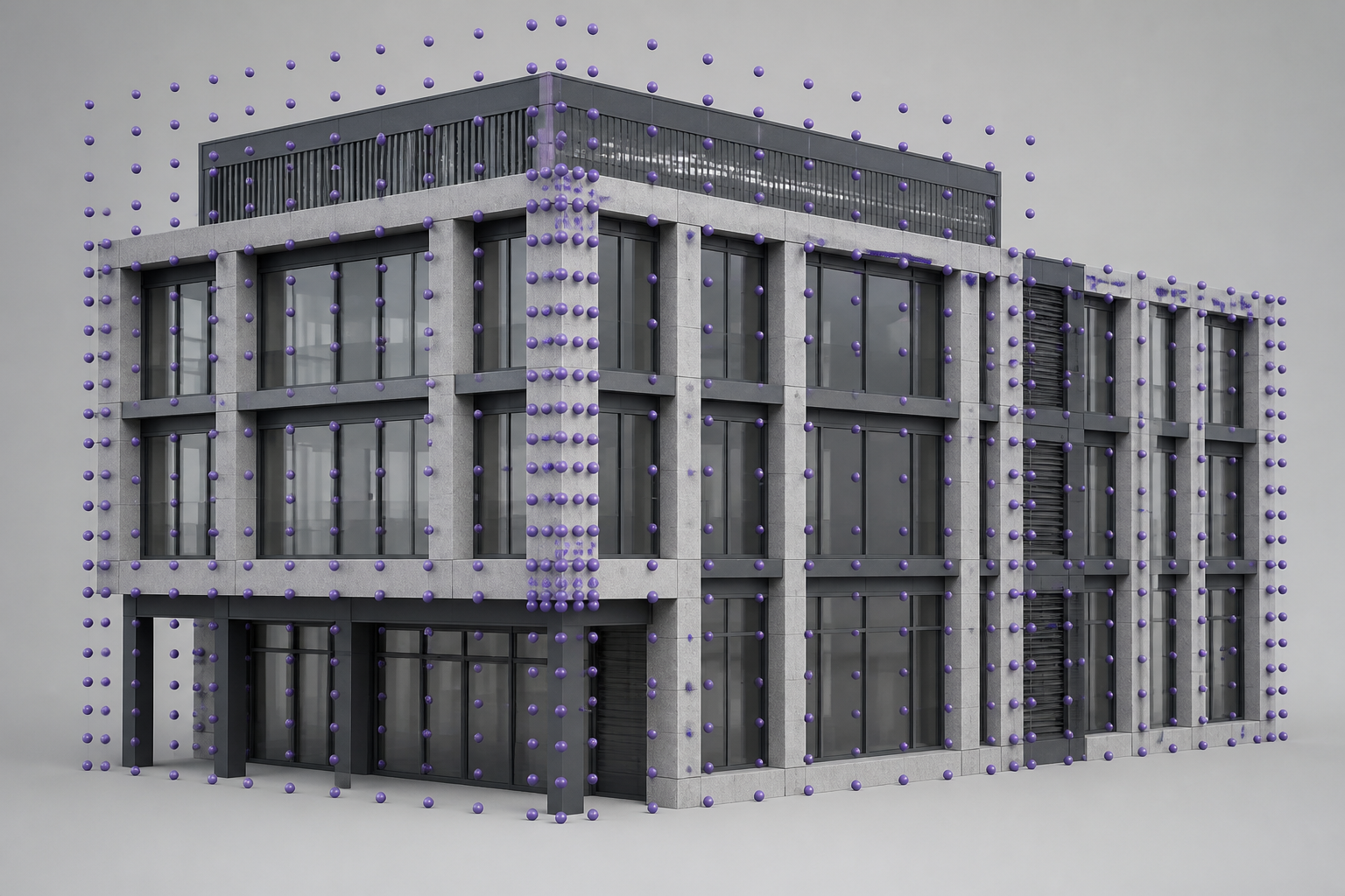 CFD-Fassadenmodell mit zahlreichen violetten Auswertungspunkten vor der Fassade