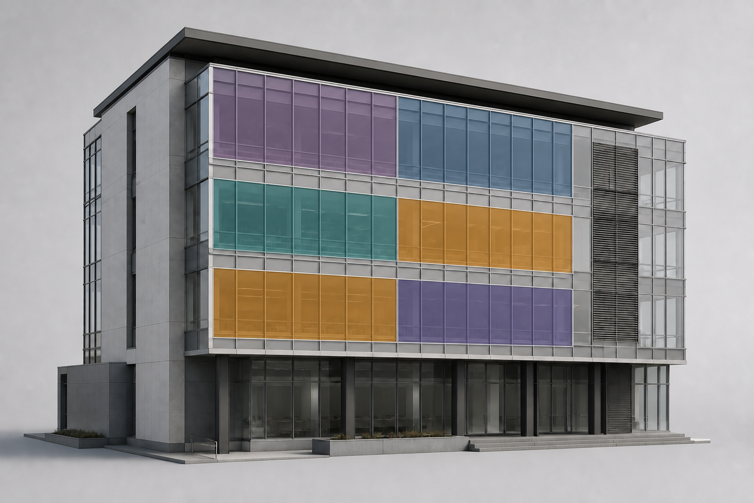 Fassadenmodell mit farbig zusammengefassten Regelungsbereichen direkt auf der Fassade