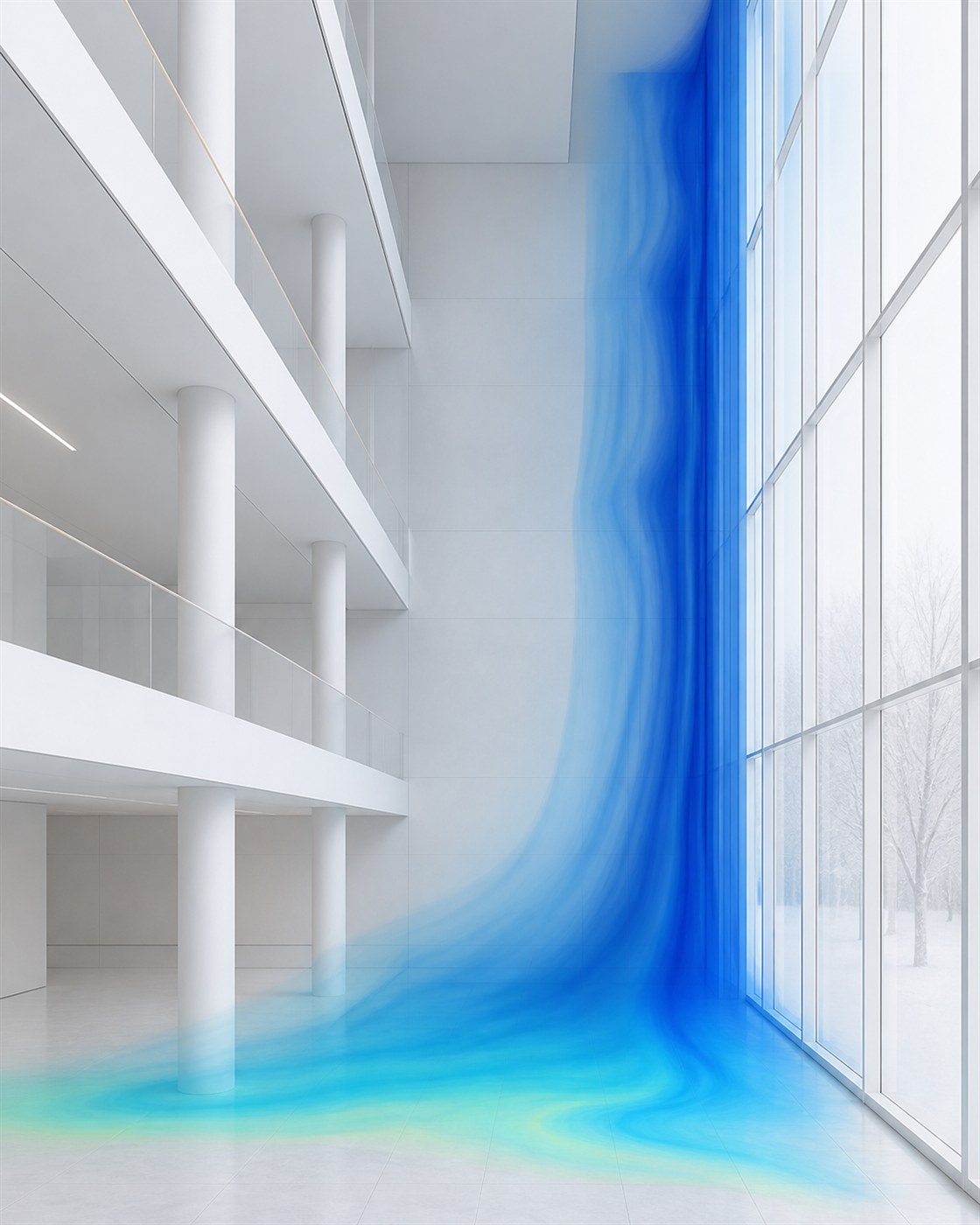 Neutrale CFD-Temperaturdarstellung mit blauem Kaltluftabfall entlang einer hohen Glasfassade im Winter