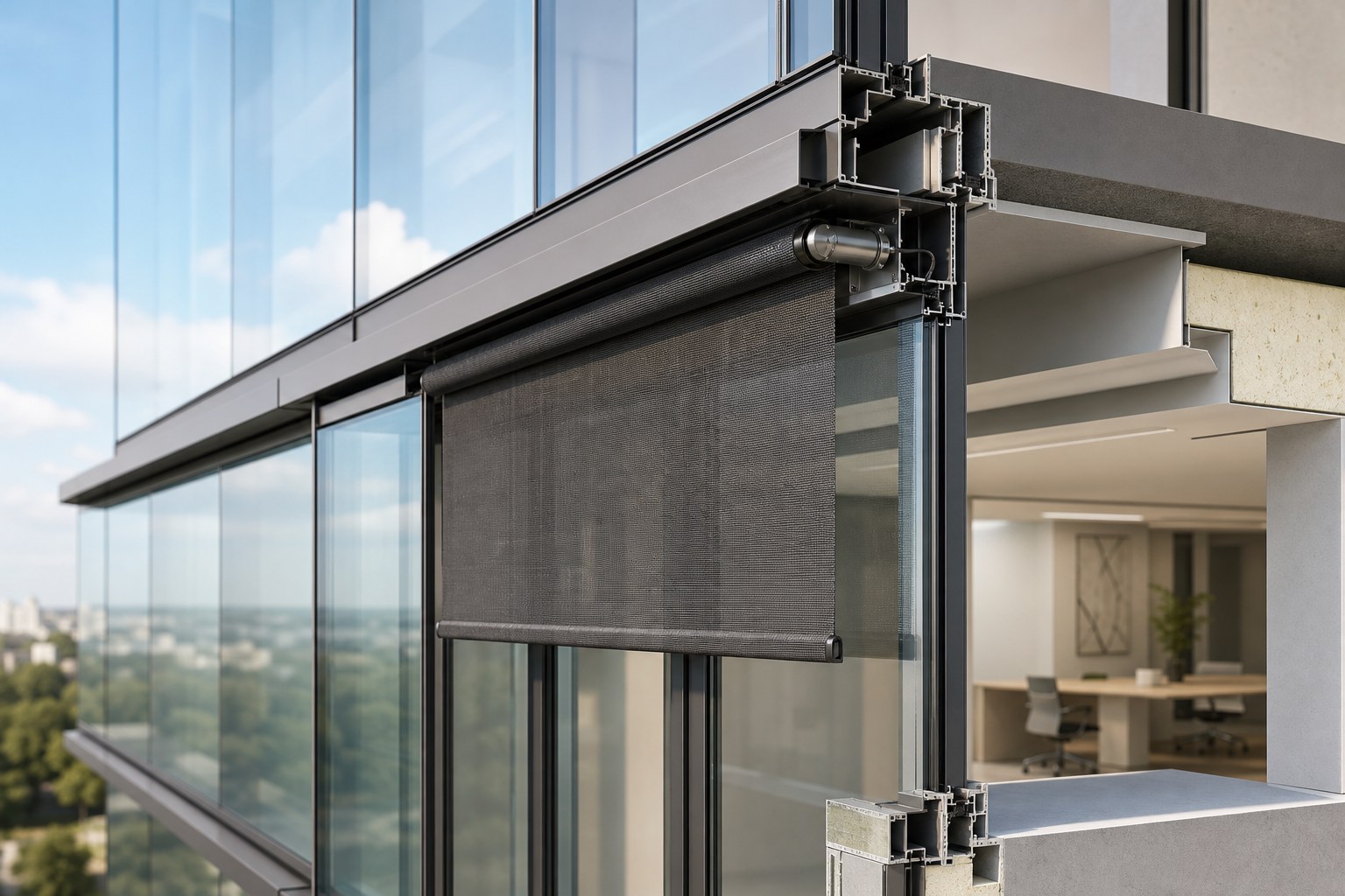 Technische Architekturvisualisierung einer Glas-Doppelfassade mit teilweise abgesenktem Screen und sichtbarem Rohrmotor im Fassadenzwischenraum