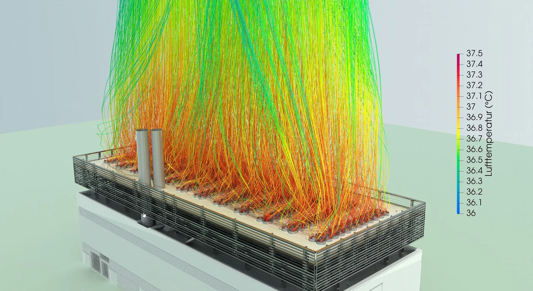 Temperaturgefärbte CFD Stromlinien über einer Rückkühleranlage auf einem Technikdach