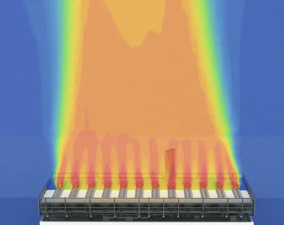 CFD Temperaturfeld einer Rückkühleranlage mit aufsteigender warmer Luft und möglichen Rückströmungen