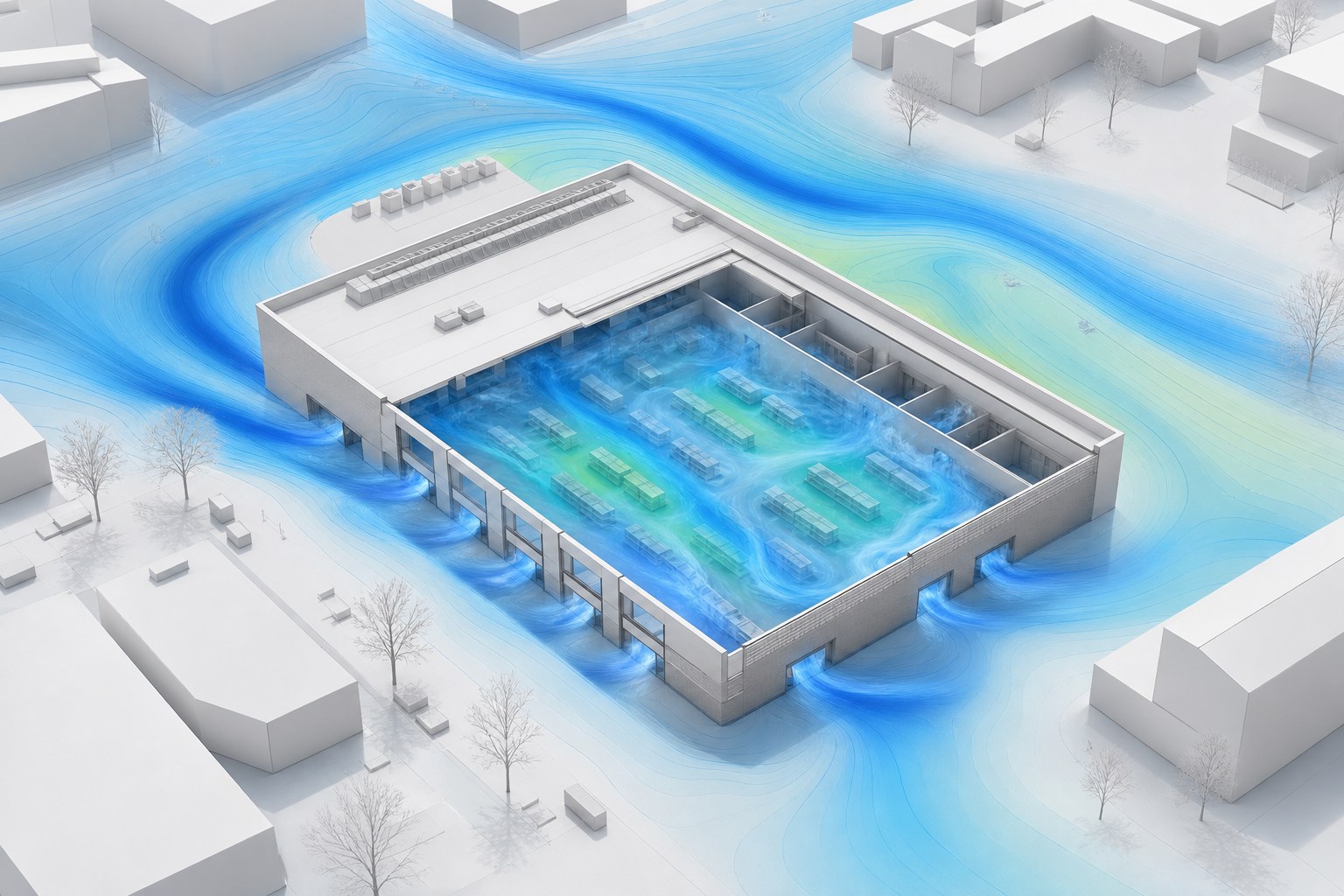 Project-neutral CFD visualisation of a market hall showing external wind, open entrances and cold-air penetration indoors